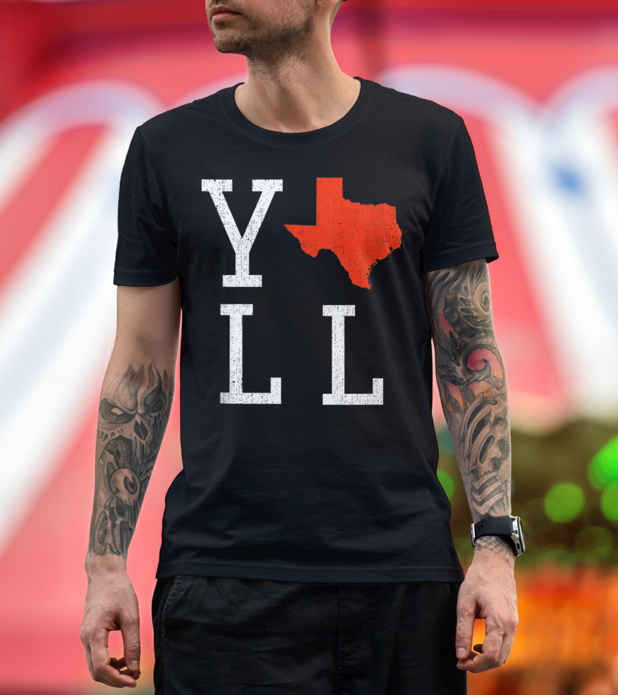 Yall Texas Distressed with Red Texas State Outline T-Shirt