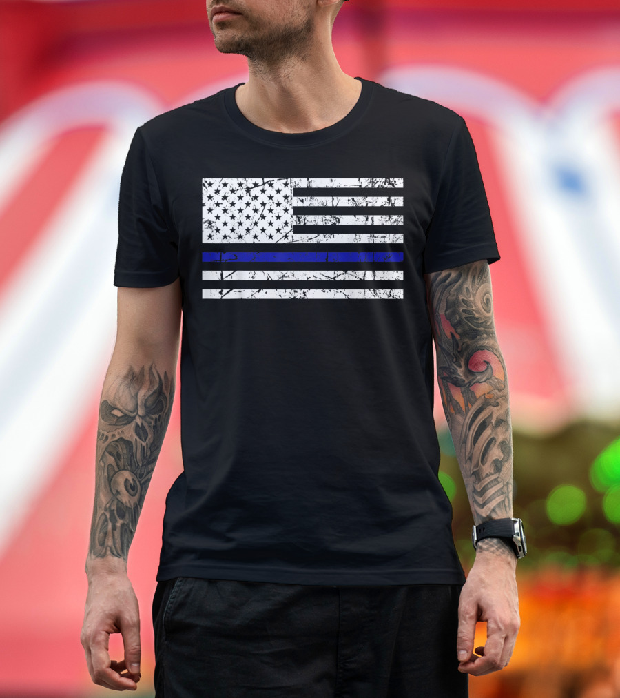 Thin Blue Line American Flag Police Support T-Shirt