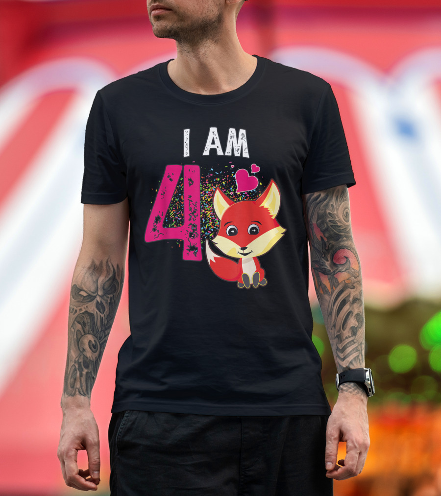 I Am 4 Fox with Hearts for 4 Year Old Birthday T-Shirt