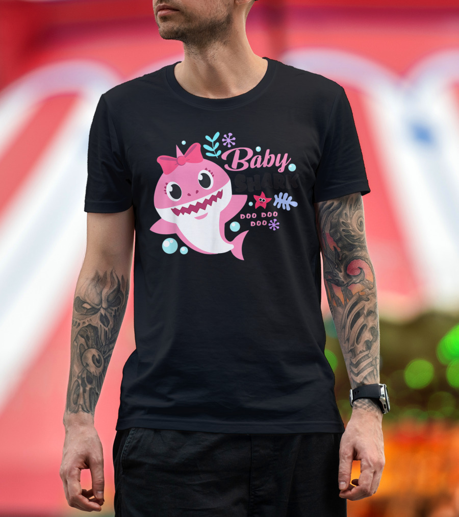 Baby Shark Doo Doo Doo Pink Character with Bow and Sea Elements T-Shirt