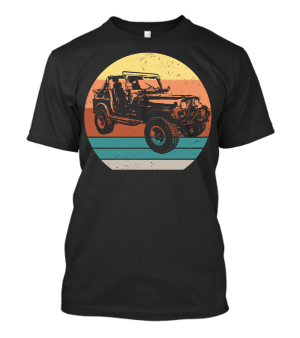 Eighties Style Distressed Jeep With Retro Sunset Stripes T-Shirt