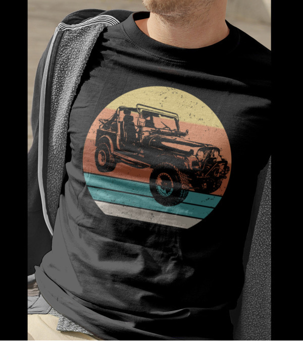 Eighties Style Distressed Jeep With Retro Sunset Stripes T-Shirt