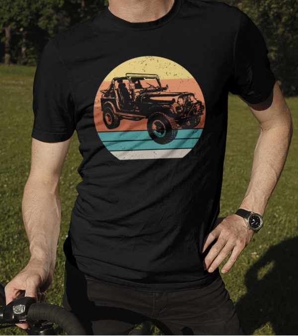Eighties Style Distressed Jeep With Retro Sunset Stripes T-Shirt