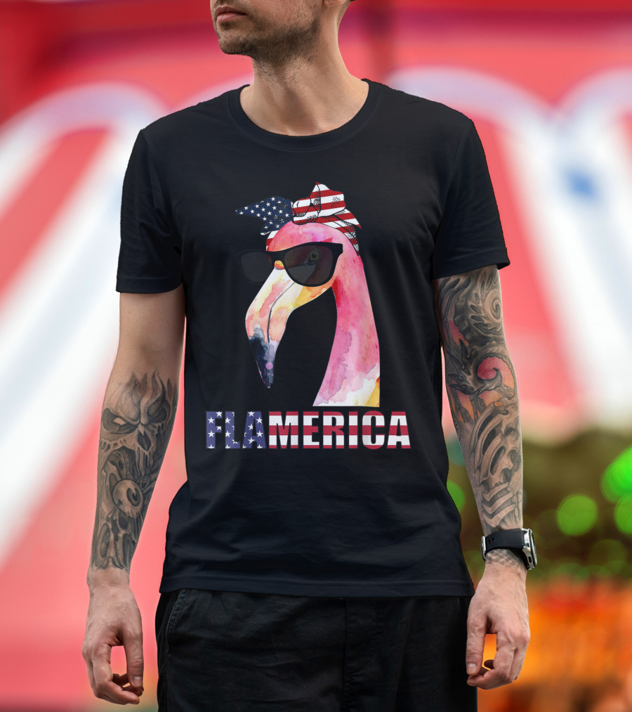 Flamerica Funny Flamingo 4th Of July USA Patriotic Sunglasses and Stars and Stripes Bandana T-Shirt