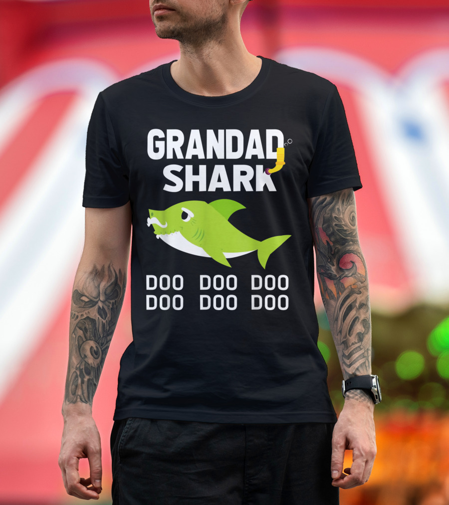 Grandad Shark Doo Doo Doo Green Shark with Mustache and Pipe T-Shirt