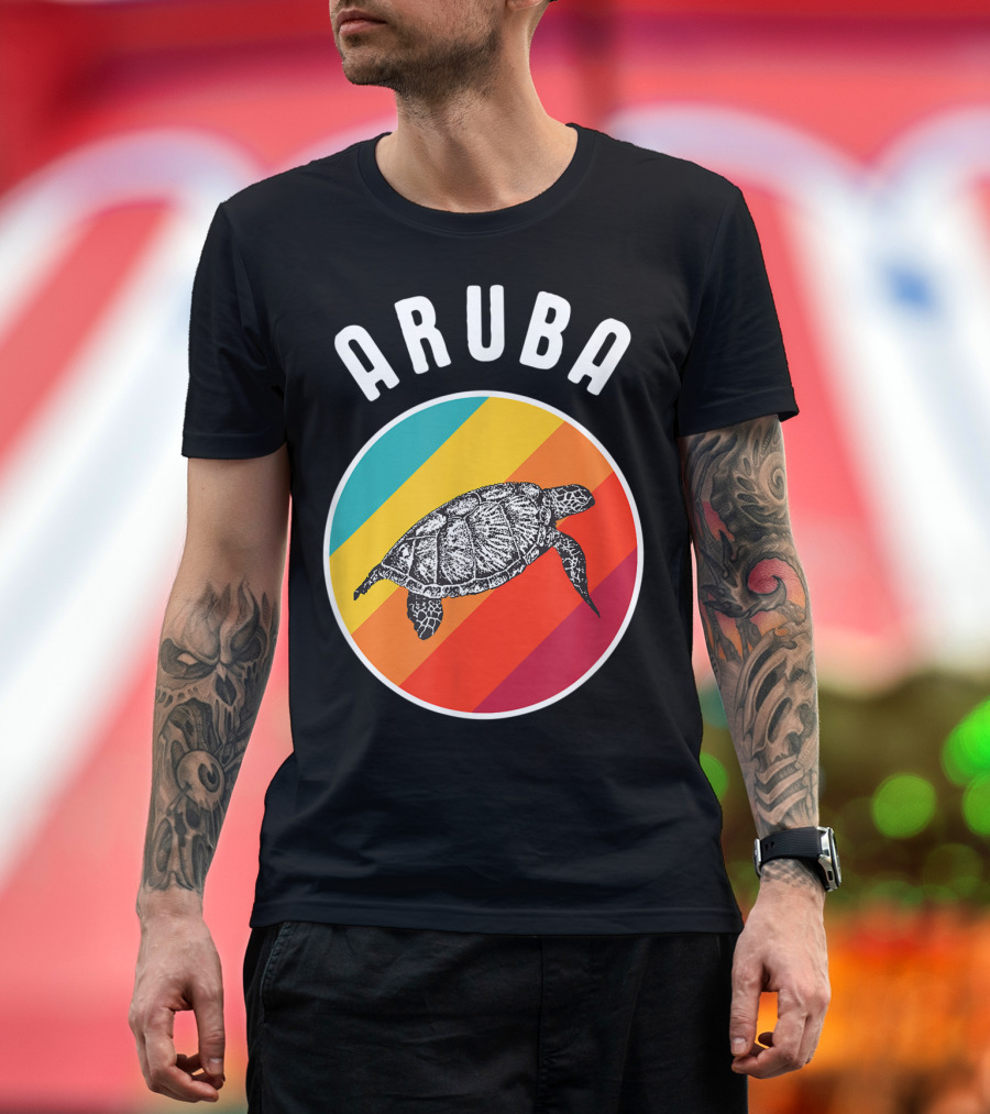 Aruba Vacation Souvenir Colorful Image Sea Turtle Retro Stripes T-Shirt