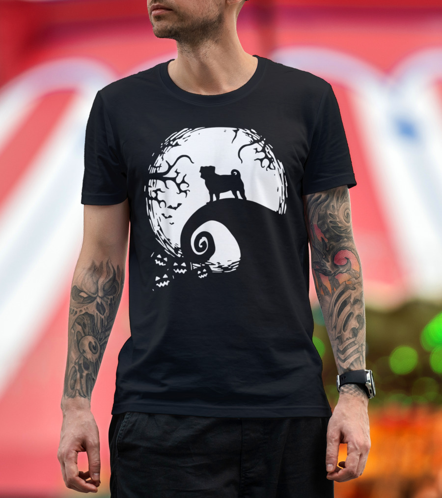 Halloween Pug on Moonlit Hill with Spooky Trees and Bats T-Shirt