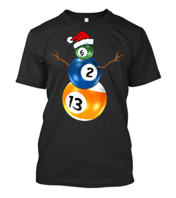 Billiards Snowman Christmas 6 2 13 Balls Santa Hat Pool Table T-Shirt