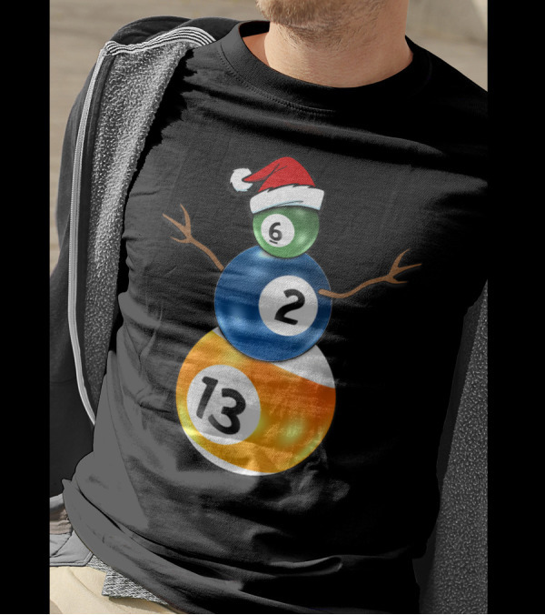 Billiards Snowman Christmas 6 2 13 Balls Santa Hat Pool Table T-Shirt