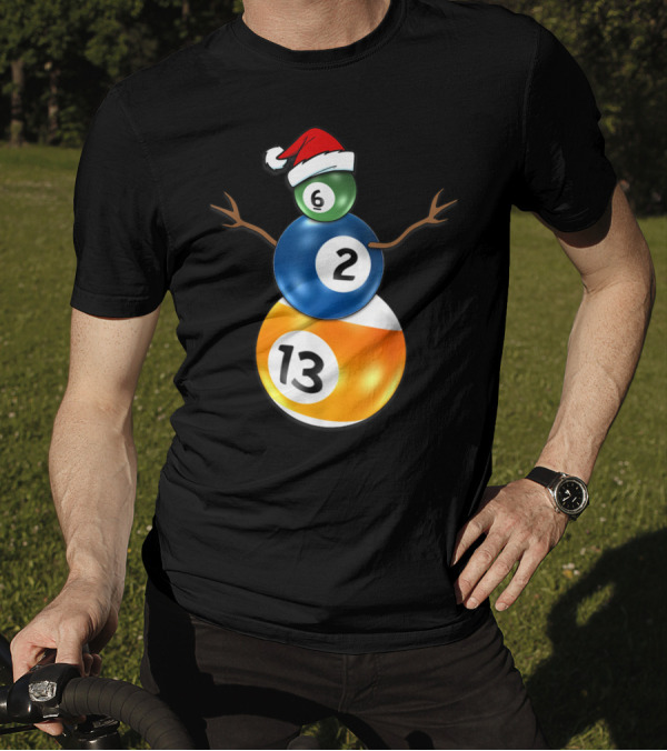 Billiards Snowman Christmas 6 2 13 Balls Santa Hat Pool Table T-Shirt