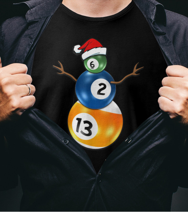 Billiards Snowman Christmas 6 2 13 Balls Santa Hat Pool Table T-Shirt