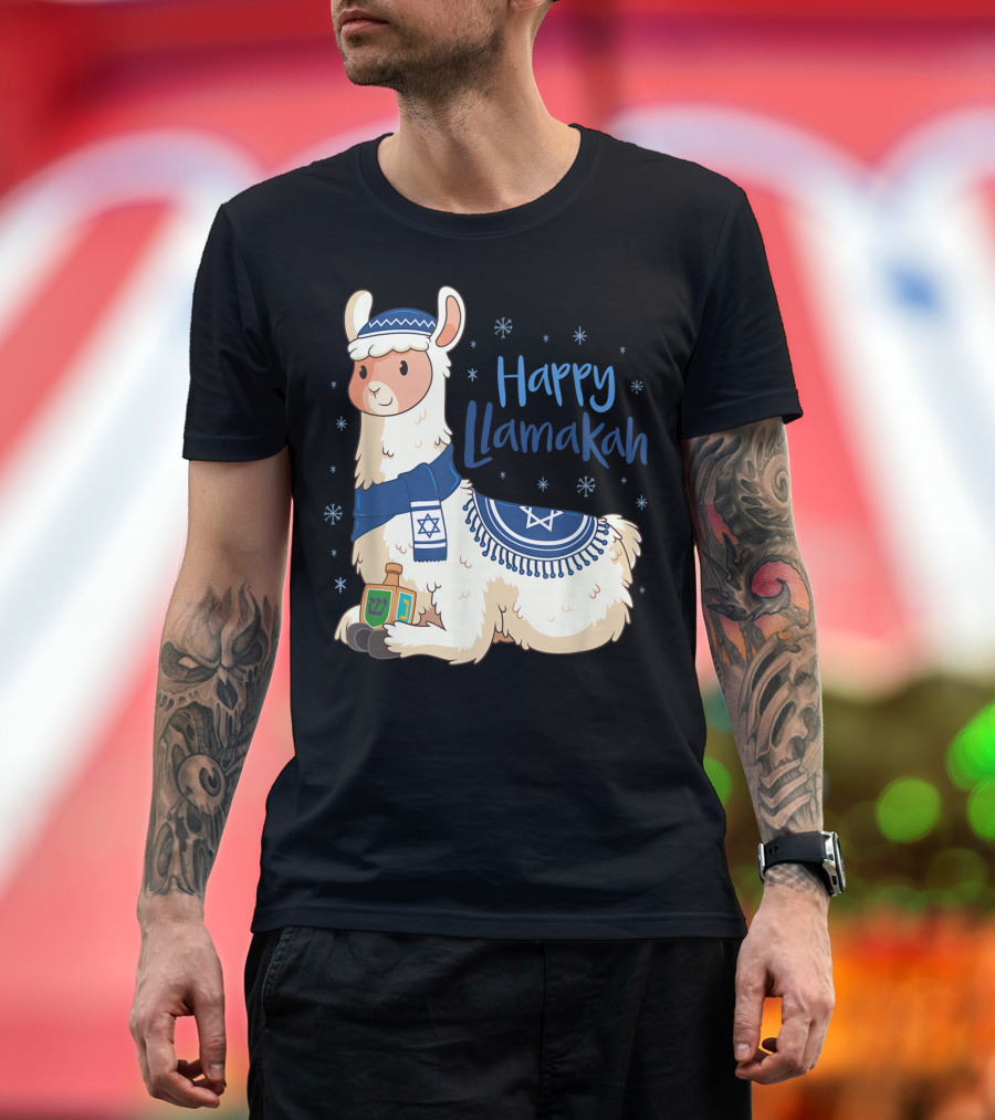 Happy Llamakah Funny Hanukkah Llama Pun with Dreidel and Star of David T-Shirt