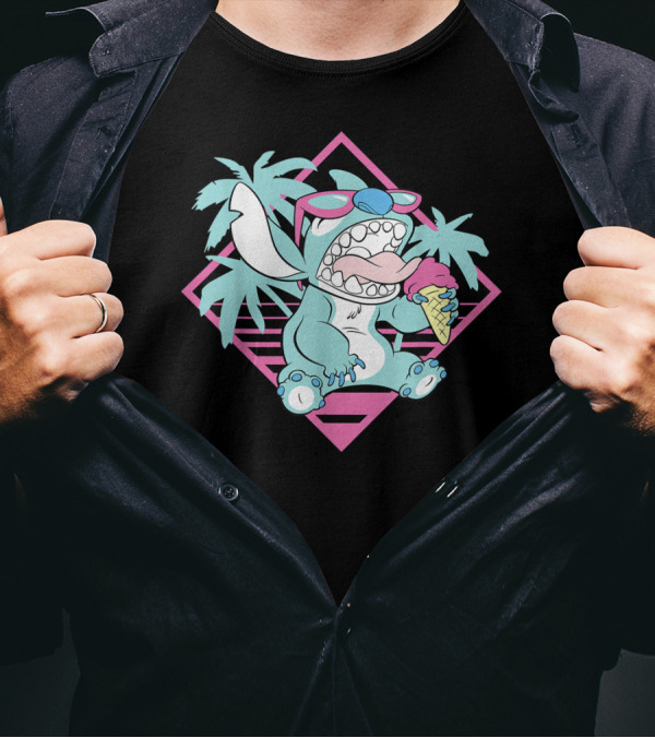 Disney Lilo Stitch Ice Cream 90s Beach Palm Trees Sunglasses T-Shirt