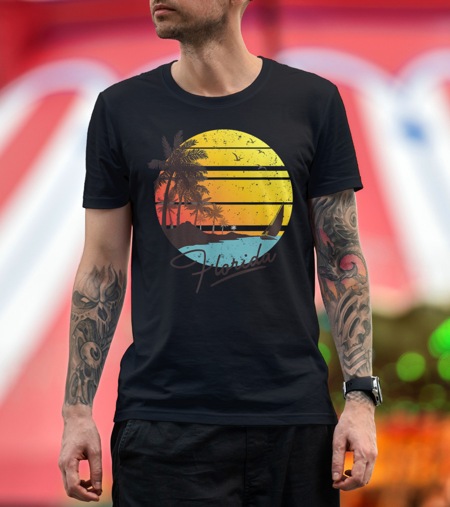 Florida Sunshine State Tropical Beach Sunset with Sailboat and Palm Trees T-Shirt