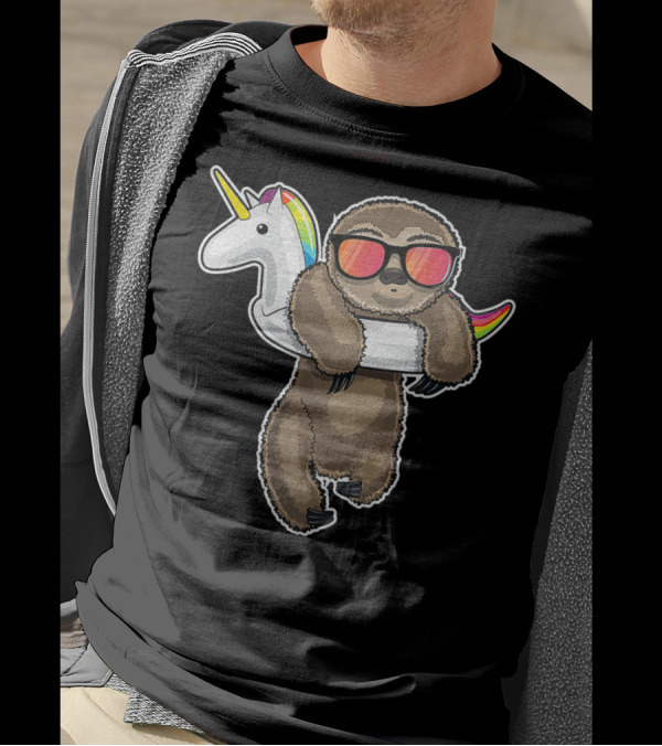 Pool Party Sloth With Unicorn Float And Sunglasses Fun T-Shirt