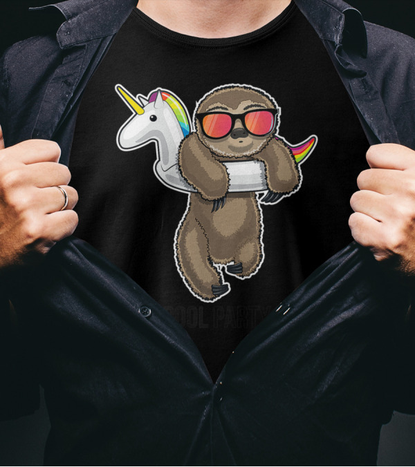 Pool Party Sloth With Unicorn Float And Sunglasses Fun T-Shirt