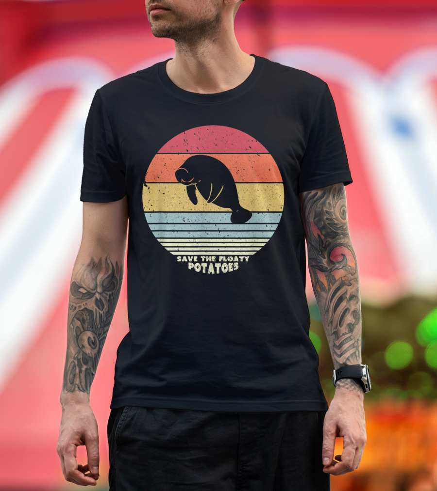 Save The Floaty Potatoes Retro Sunset Manatees T-Shirt