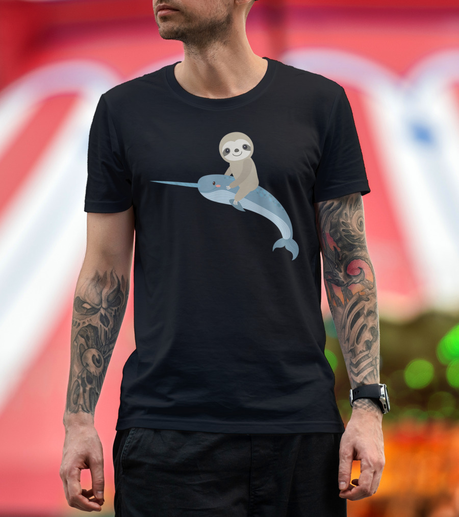 Sloth Riding Narwhal Unicorn of the Sea Men Adventure T-Shirt