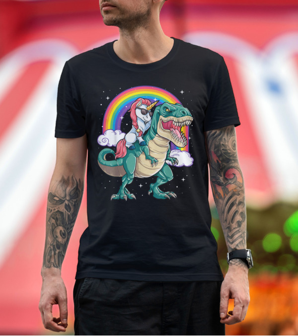 Premium T-Shirt: Unicorn with Sunglasses Riding T-Rex Dinosaur under Rainbow with Clouds T-Shirt Unicorn with Sunglasses Riding T-Rex Dinosaur under Rainbow with Clouds T-Shirt