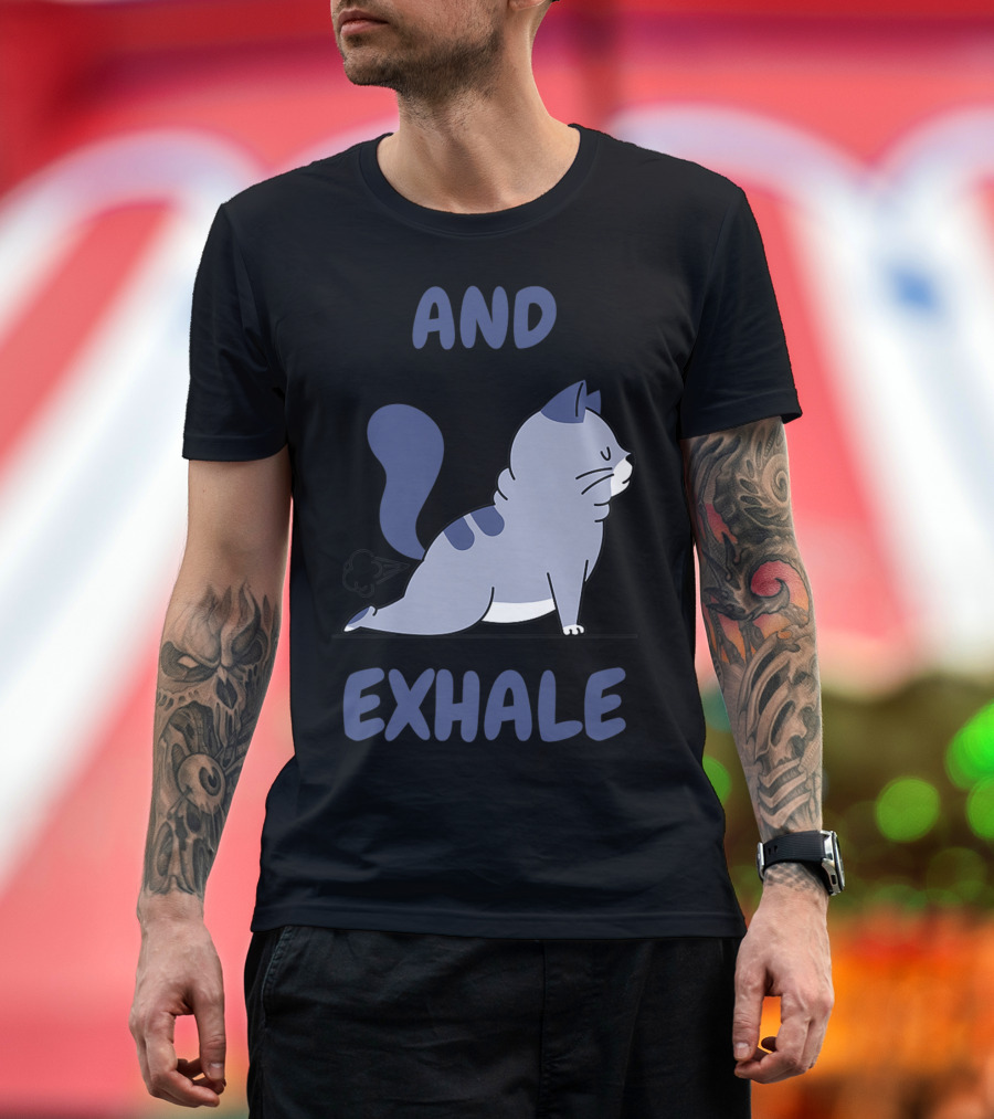 Cartoon Cat in Yoga Pose with Funny Exhale Expression T-Shirt