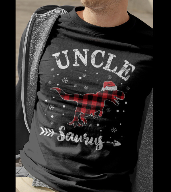 Uncle Saurus Red Plaid Dinosaur Santa Hat Snowflakes T-Shirt