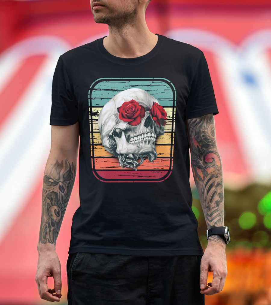 Skull Roses Vintage Rock Skulls Flowers Retro Stripes T-Shirt