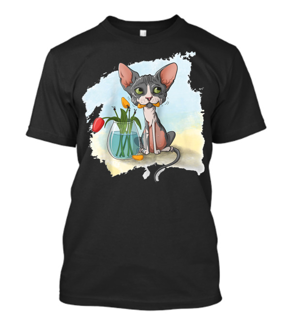 Sphynx Cat Sphinx Cat Cute Cartoon With Flowers In Vase T-Shirt