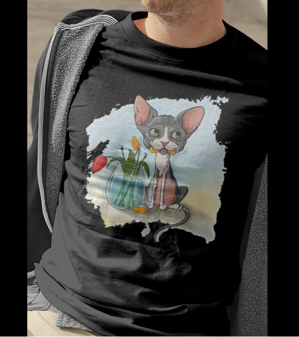 Sphynx Cat Sphinx Cat Cute Cartoon With Flowers In Vase T-Shirt