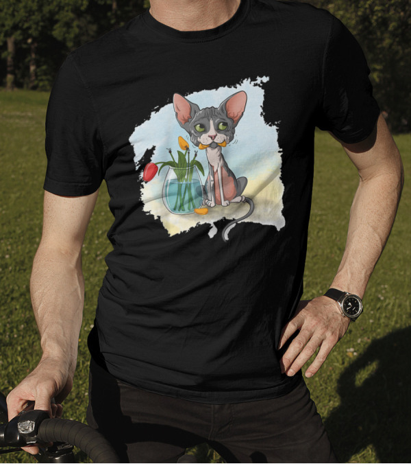 Sphynx Cat Sphinx Cat Cute Cartoon With Flowers In Vase T-Shirt