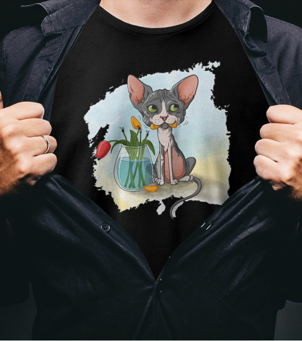 Sphynx Cat Sphinx Cat Cute Cartoon With Flowers In Vase T-Shirt