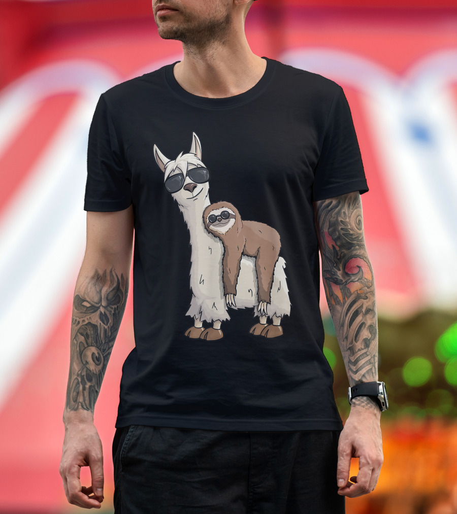 Funky Hipster Sloth in Sunglasses Riding Llama with Sunglasses T-Shirt