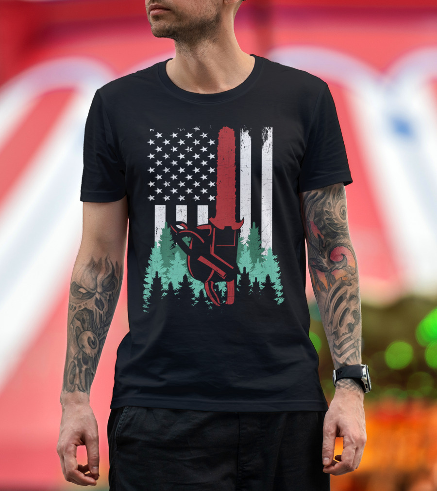 Thin Red Line Chainsaw Logger American Flag Forest Arborist Lumberjack T-Shirt