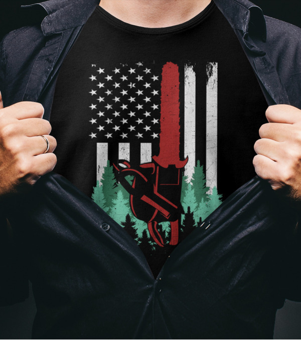 Thin Red Line Chainsaw Logger American Flag Forest Arborist Lumberjack T-Shirt