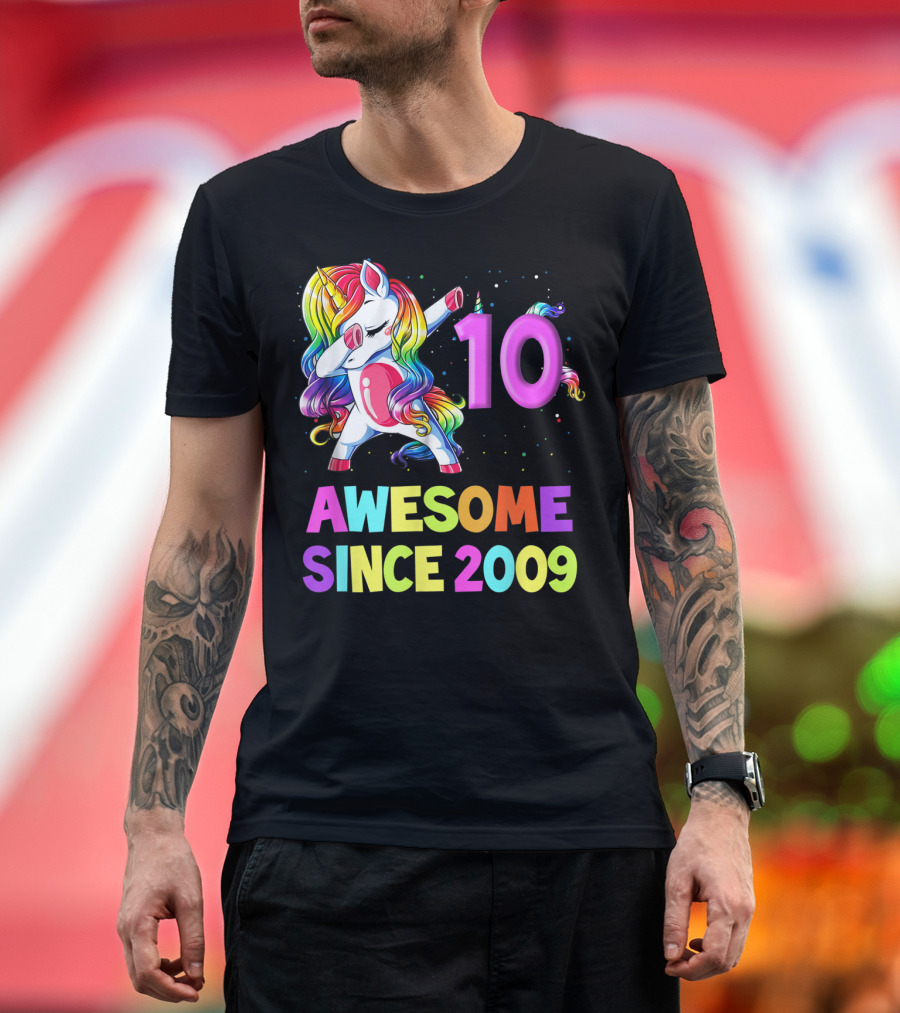10 Awesome Since 2009 Unicorn Dabbing 10 Years Old Birthday T-Shirt
