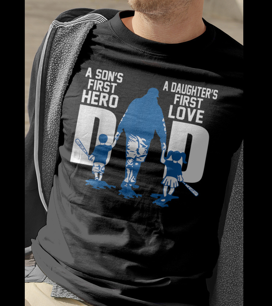 A Son's First Hero A Daughter's First Love Dad Baseball Bat Fatherhood Trio T-Shirt