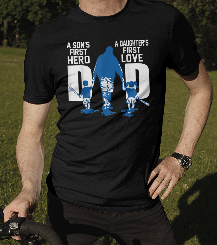 A Son's First Hero A Daughter's First Love Dad Baseball Bat Fatherhood Trio T-Shirt