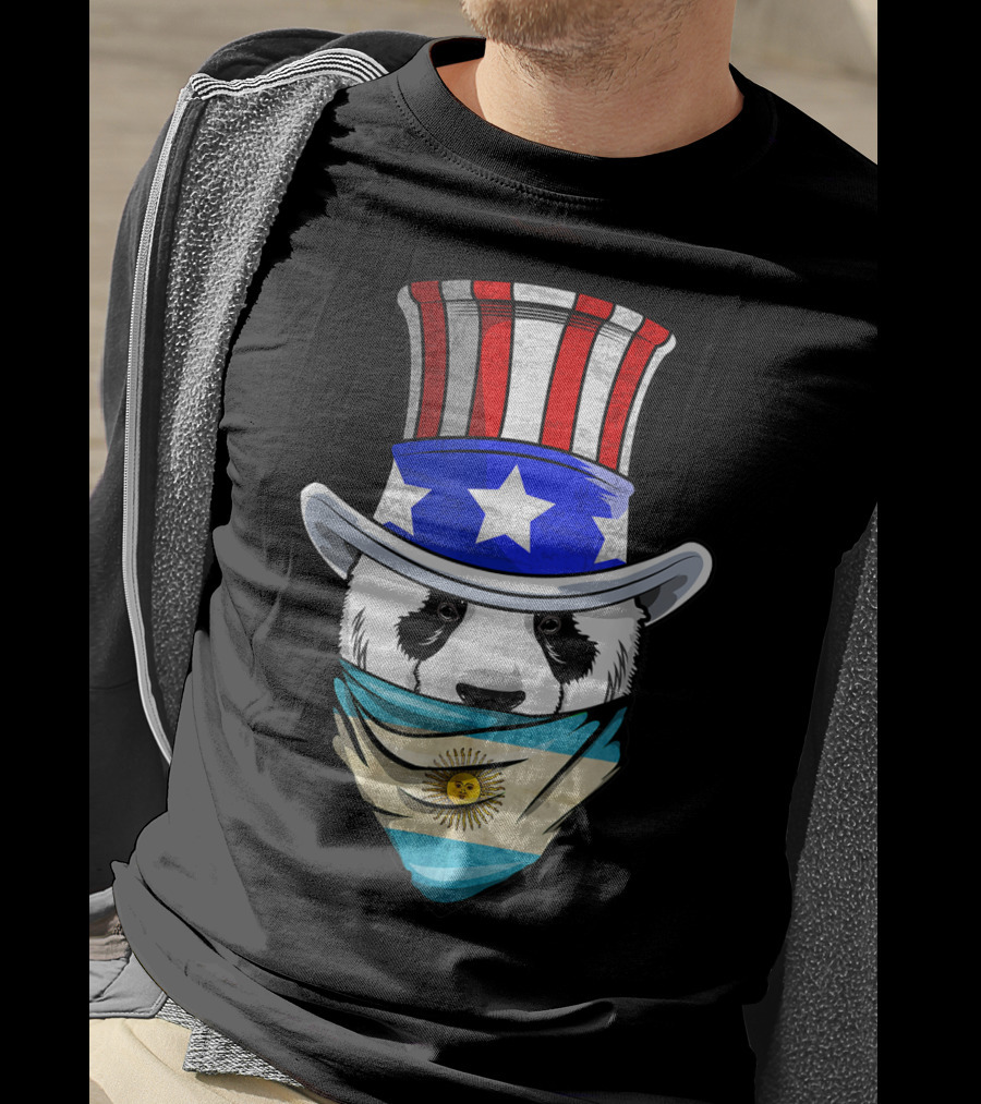 Argentinian Panda Bear In Argentina Bandana Flag With Uncle Sam Hat T-Shirt