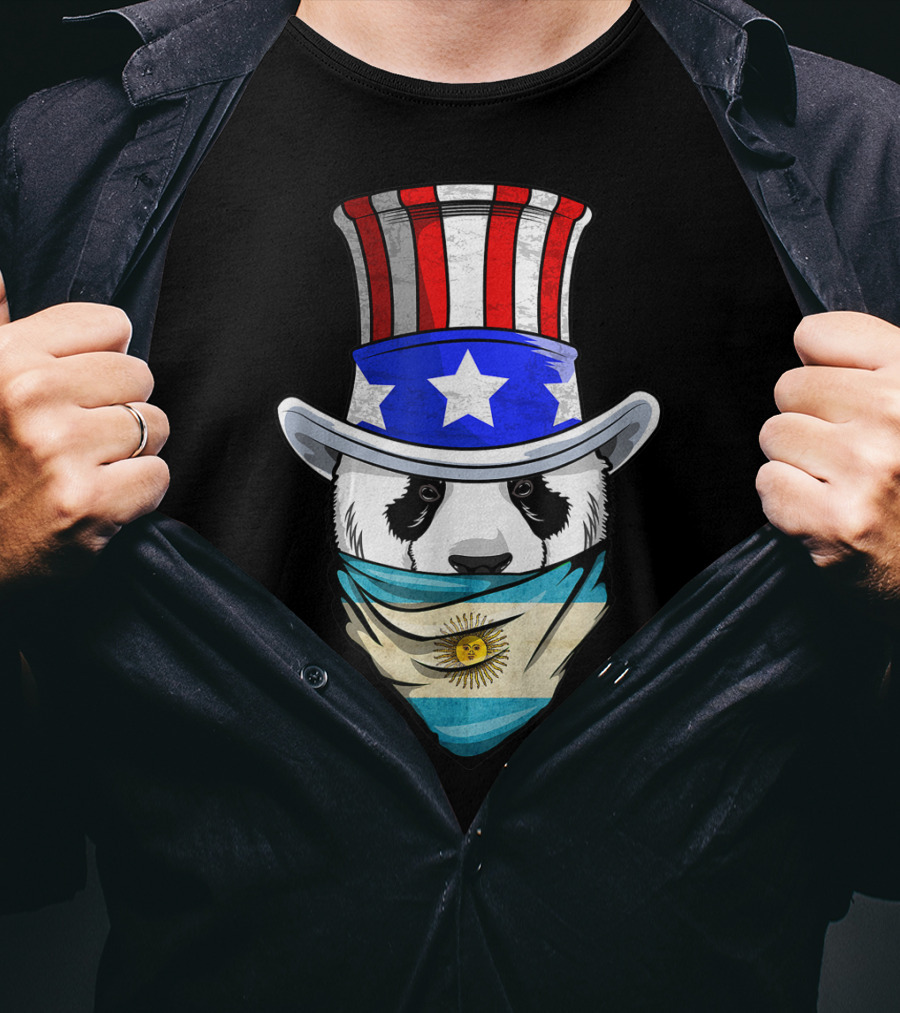 Argentinian Panda Bear In Argentina Bandana Flag With Uncle Sam Hat T-Shirt