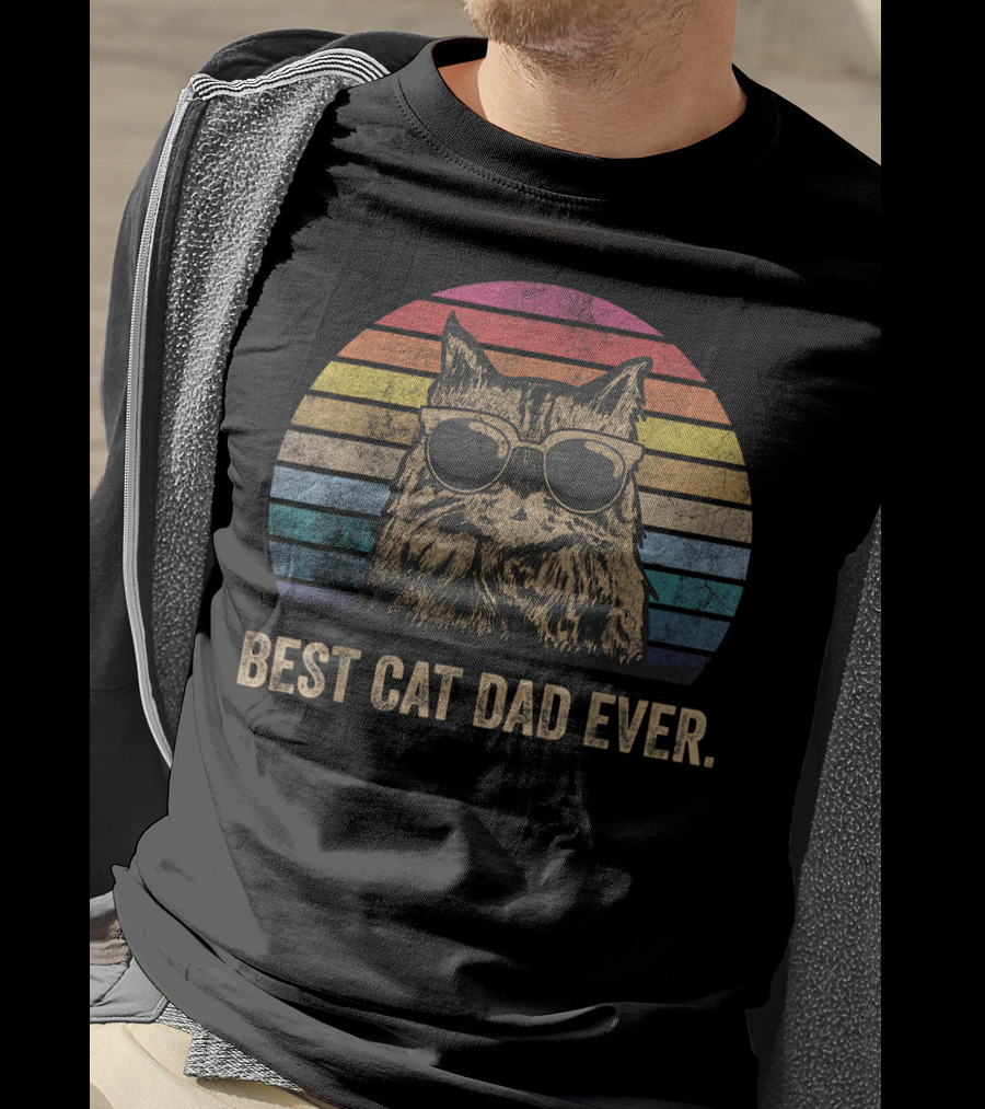 Best Cat Dad Ever Vintage Retro Stripes Sunglasses T-Shirt