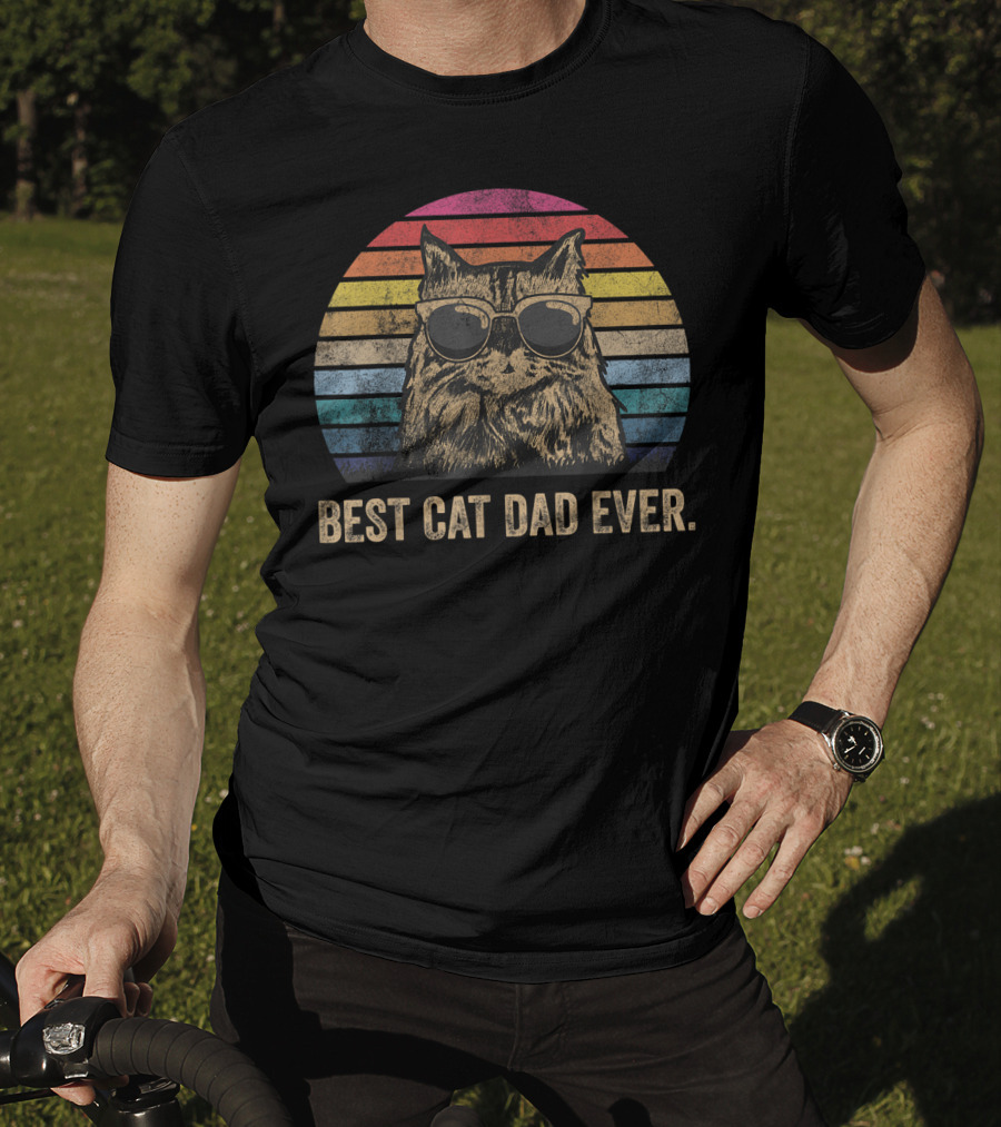 Best Cat Dad Ever Vintage Retro Stripes Sunglasses T-Shirt