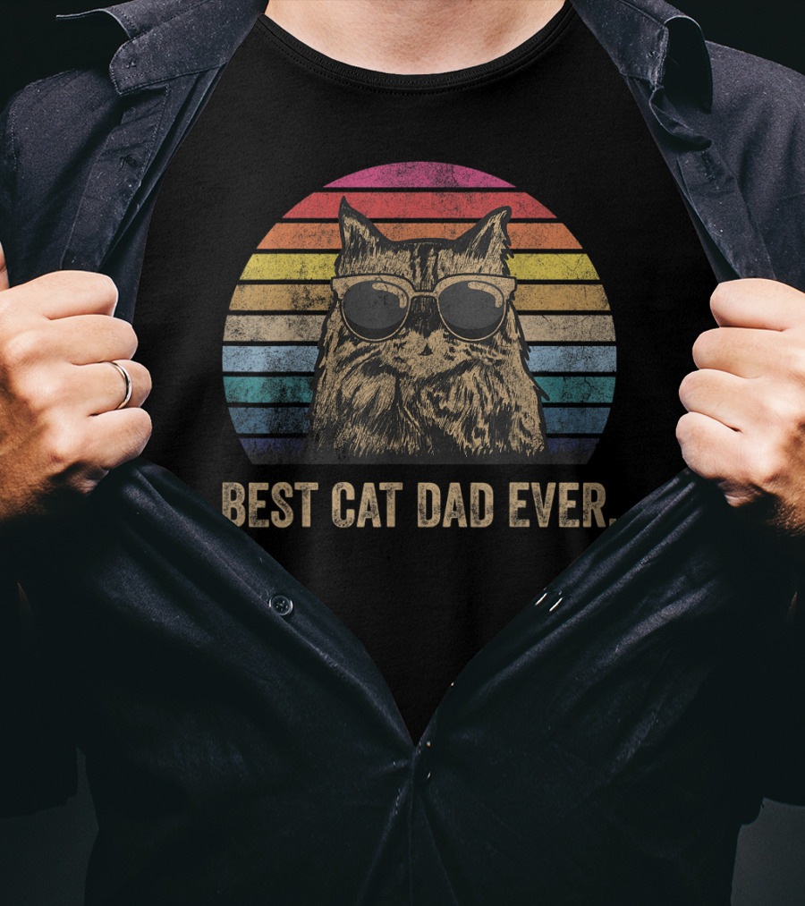 Best Cat Dad Ever Vintage Retro Stripes Sunglasses T-Shirt