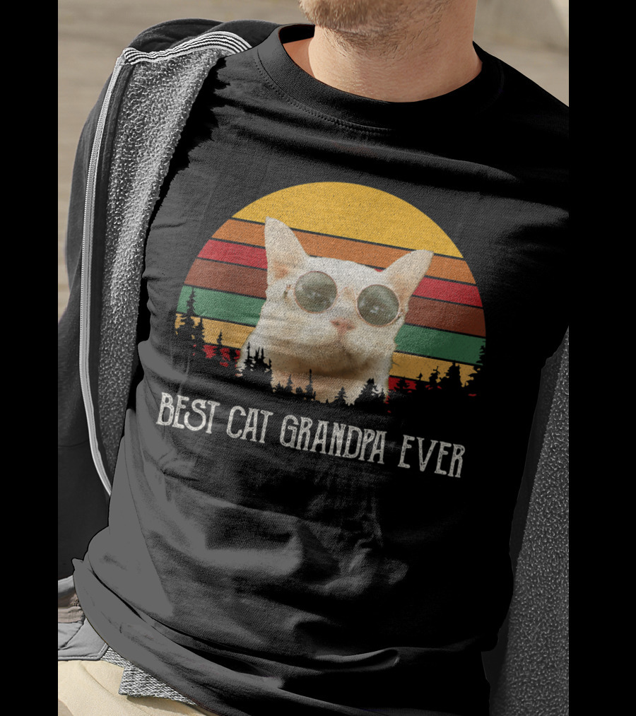 Best Cat Grandpa Ever Retro Cat With Sunglasses And Trees Vintage Sunset T-Shirt