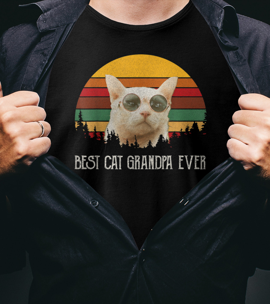 Best Cat Grandpa Ever Retro Cat With Sunglasses And Trees Vintage Sunset T-Shirt
