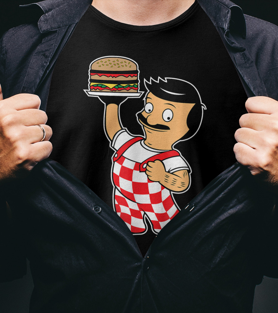 Big Bob Checkered Overalls Burger Mascot T-Shirt
