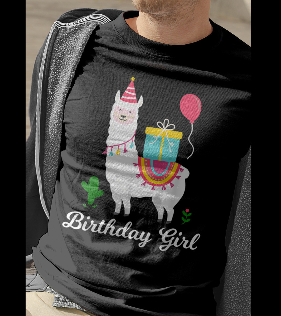 Birthday Girl Cute Alpaca Llama Cactus Balloon Party T-Shirt