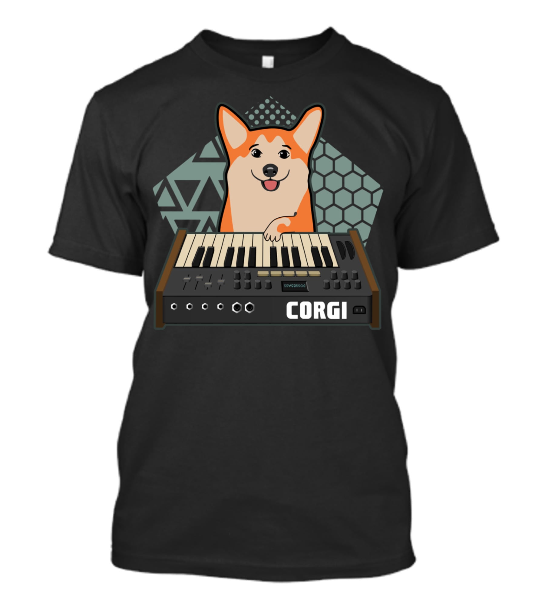 Corgi Synthesizer Musician Dog Lover Hood Keyboard Hexagon Triangles T-Shirt