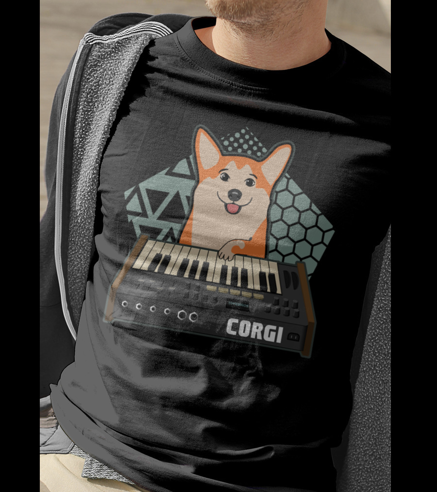 Corgi Synthesizer Musician Dog Lover Hood Keyboard Hexagon Triangles T-Shirt