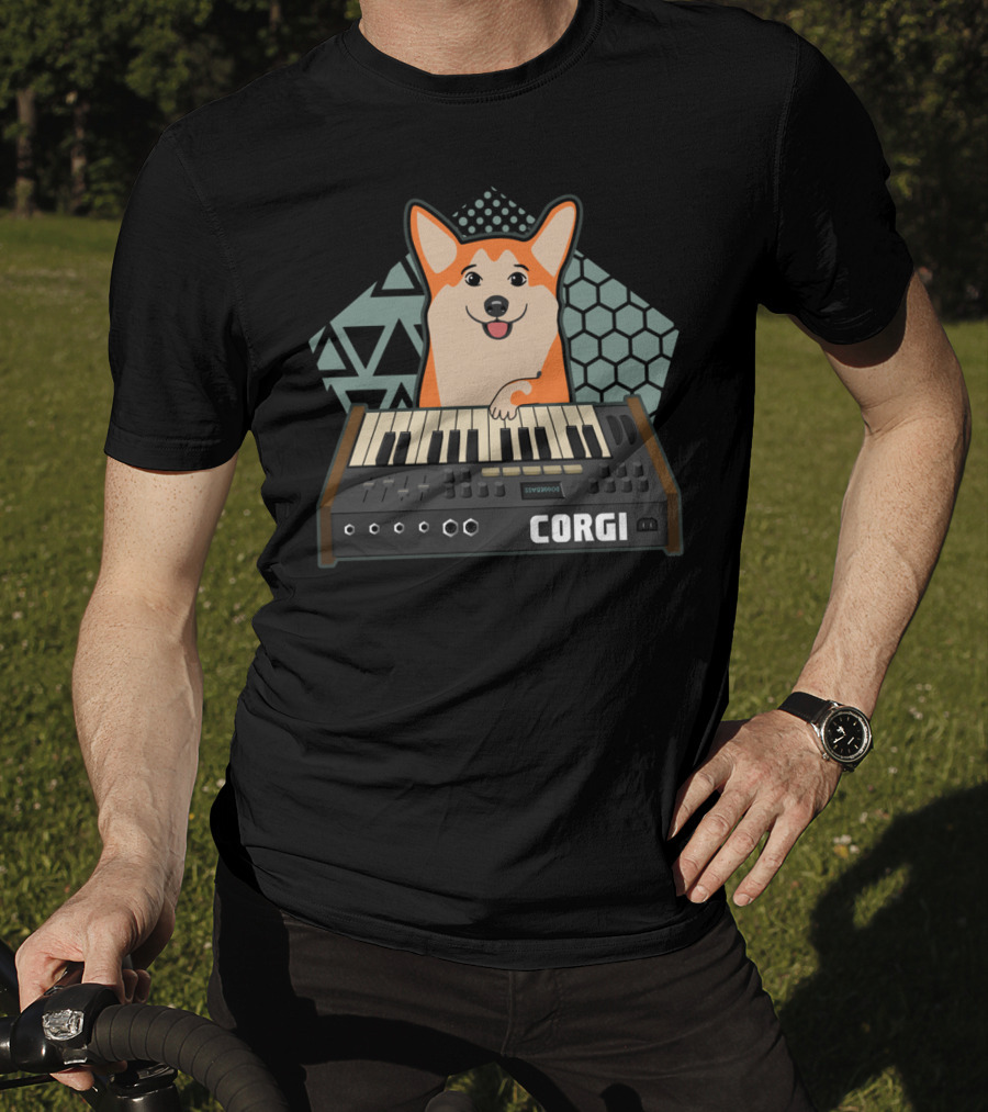 Corgi Synthesizer Musician Dog Lover Hood Keyboard Hexagon Triangles T-Shirt
