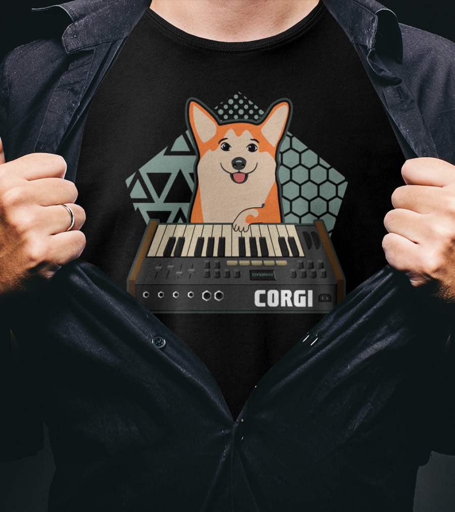 Corgi Synthesizer Musician Dog Lover Hood Keyboard Hexagon Triangles T-Shirt