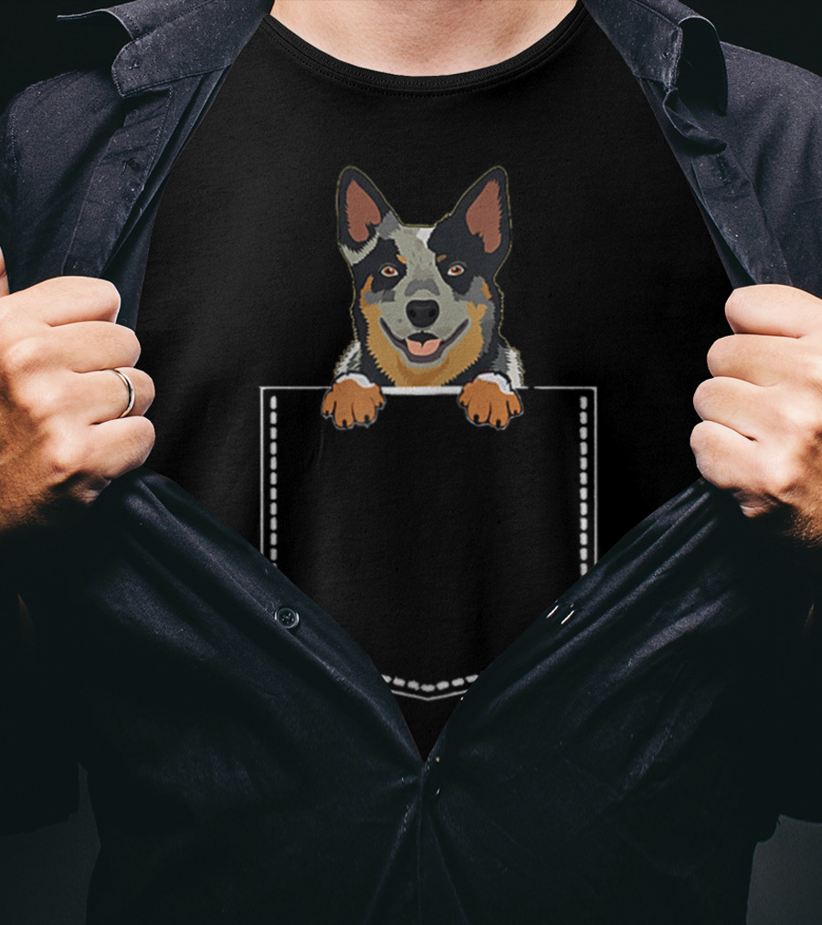 Cute Little Australian Cattle Dog Peeking Out Of Pocket T-Shirt